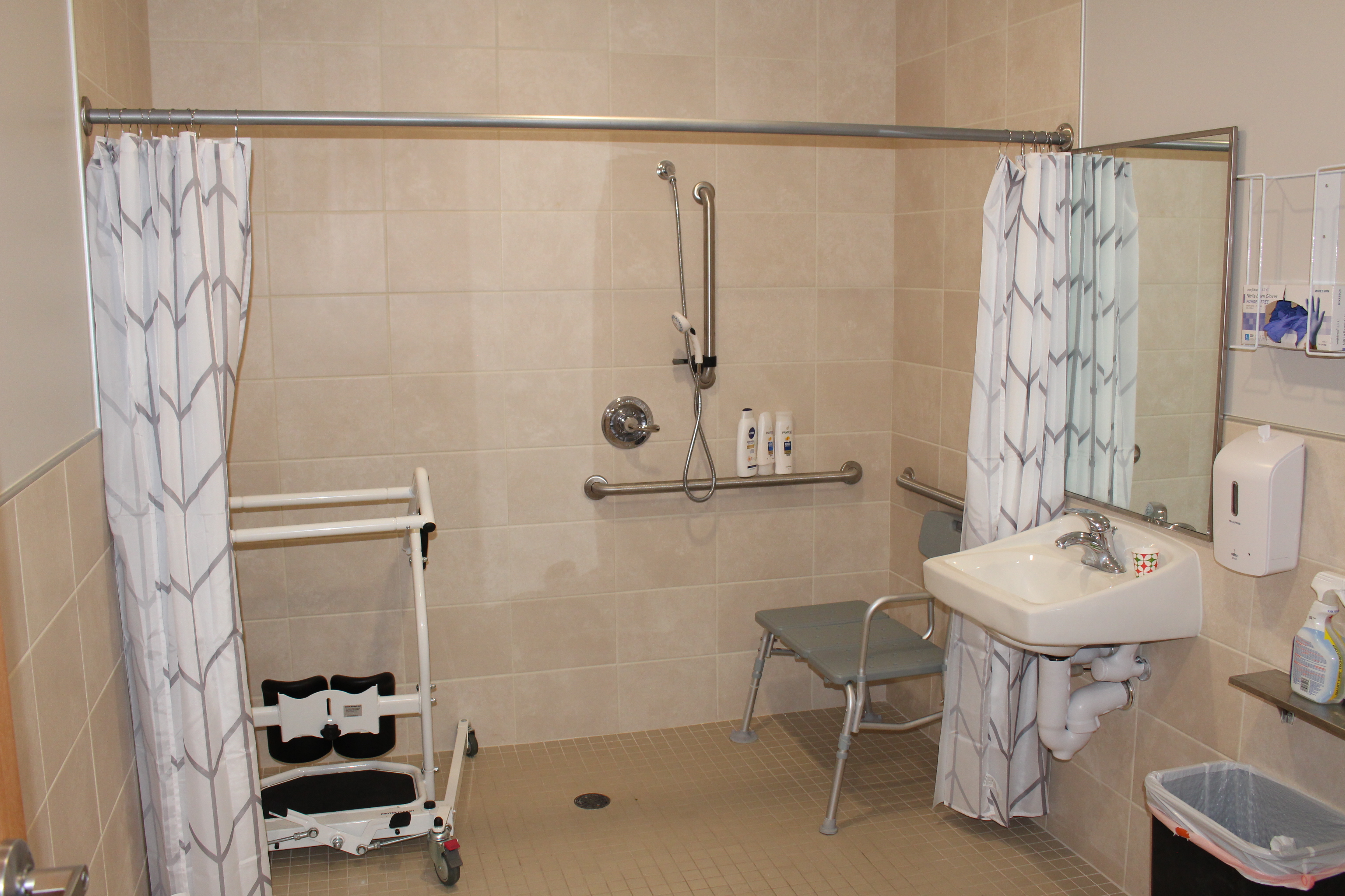 Accessible tile bathroom with roll-in shower